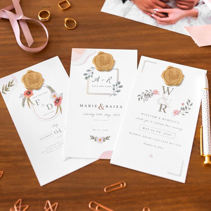 WSICSE 60Pcs Wax Seal Stickers, Wedding Invitation Envelope Seal Stickers Adhesive Backed Light Gold for Wedding, Party,Valentine's Day,Mother's Day, Gift Wrapping (4 Leaf Styles) - Image 4